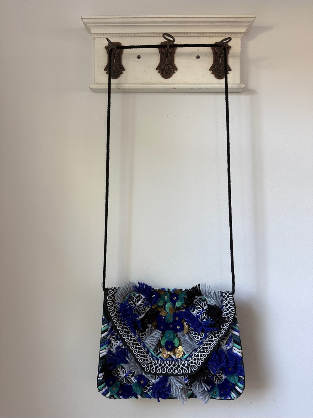 Antik Batik Blue & Teal Embroidered Tassel Denim Crossbody